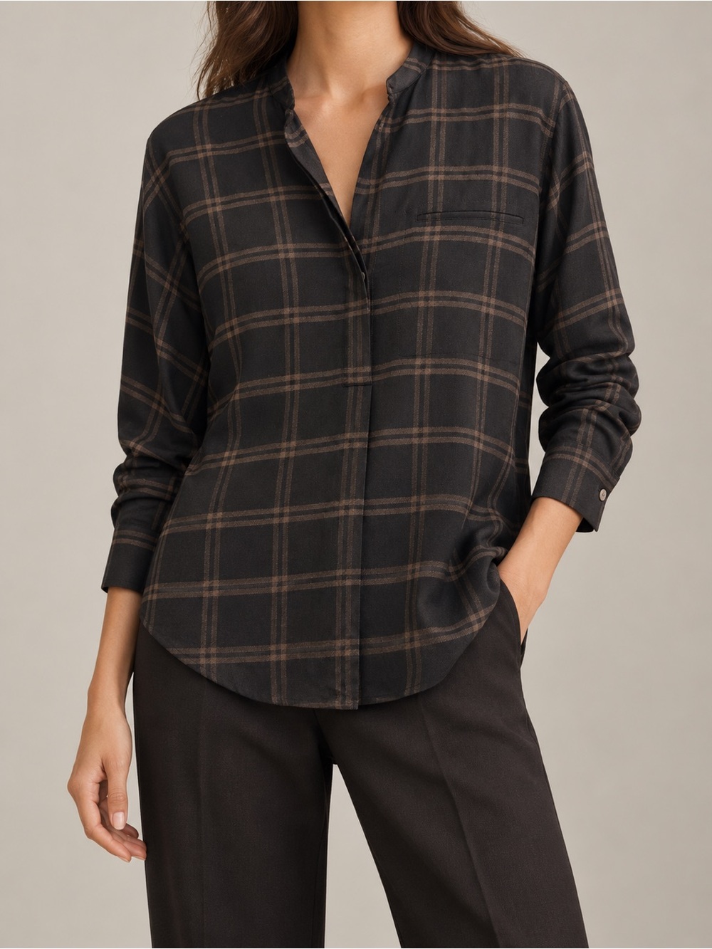 Vince XS Plaid Popover Shirt Black Brown Wool Blend Italian Fabric